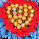 Bouquet Luxe Roses Rouges, Chocolats Ferrero Rocher et Billets